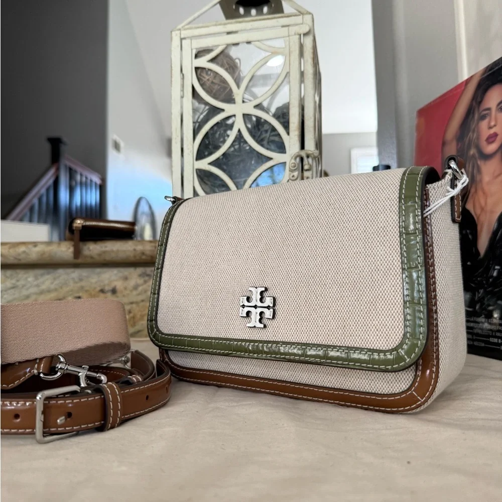New Tory Burch Thea web flap shoulder bag/crossbody in canvas cream leather trim
